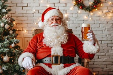 A man dressed as Santa Claus sitting in a chair holding a glass of beer