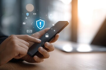 Close-up of hands holding a smartphone, security icons overlayed