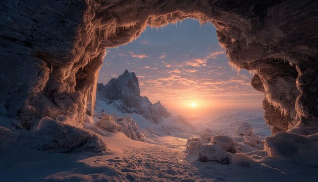Winter wonderland vista through icy cave