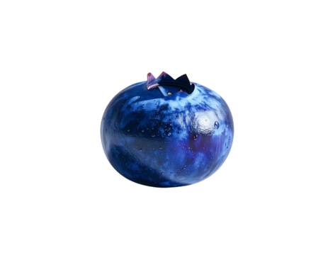 A single, plump blueberry, deep blue with subtle lighter markings, sits against a black background, showcasing its round form and slightly textured skin with a small, dark calyx at its crown
