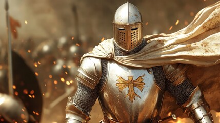 A knight in full plate armor with a flowing cape, medieval battlefield setting