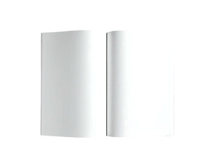 An open, blank, hardcover book lies flat, displaying pristine white pages; subtle shadows suggest a three-dimensional form