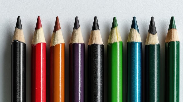 Row of sharpened colorful pencils arranged neatly on white background — education and creativity concept