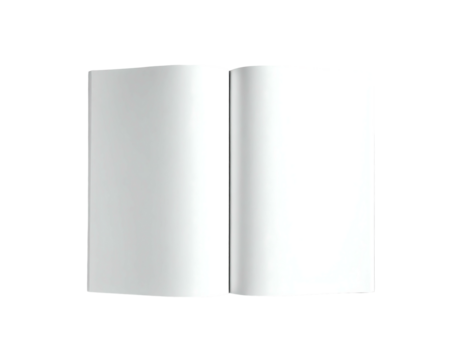 An open, blank, hardcover book lies flat, displaying pristine white pages; subtle shadows suggest a three-dimensional form