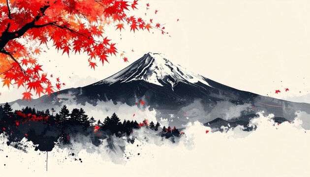 Autumn Sumi-e illustration of Mount Fuji with maple leaves.