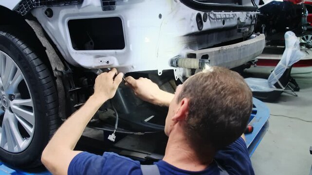 Man repairs wires on back of car sitting near wheel. Mechanic works on special electrical system deleting fault near vehicle bumper