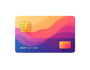 Abstract wavy design on a credit card mockup featuring a microchip and a signature area, in shades of purple, orange and pink