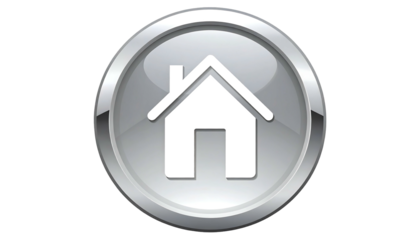 A shiny, silver, circular button features a simple white house icon; representing home, homepage, or a return function