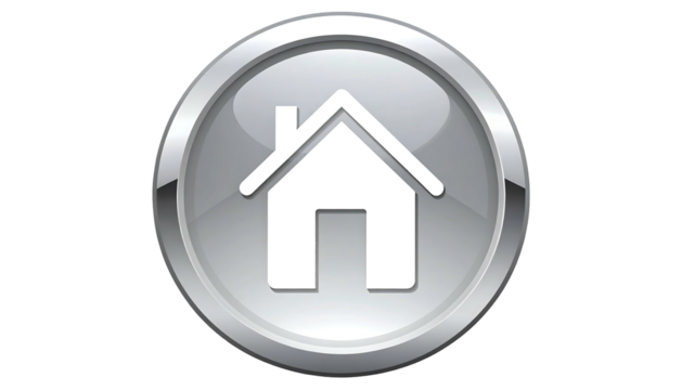 A shiny, silver, circular button features a simple white house icon; representing home, homepage, or a return function