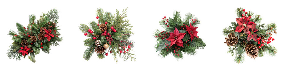 Elegant Christmas floral arrangements featuring pine cones poinsettias on a transparent background Generative AI