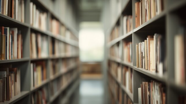Bookshelves in modern library interior with books collection – education and knowledge concept
