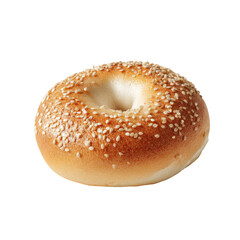 Single sesame bagel, round, light golden-brown, slightly puffy,  with a visible hole in the center