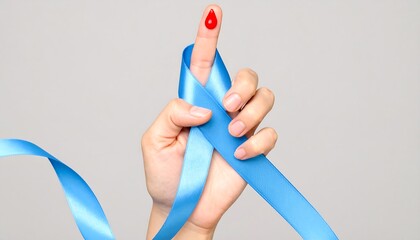 Light Blue Awareness Ribbon with Blood Drop on Fingertip