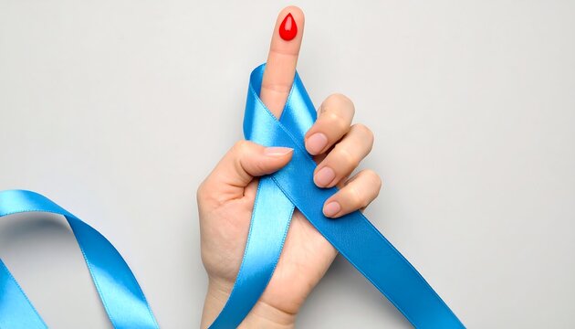 Blood Drop on Finger with Blue Ribbon: Symbolic Image for Awareness
