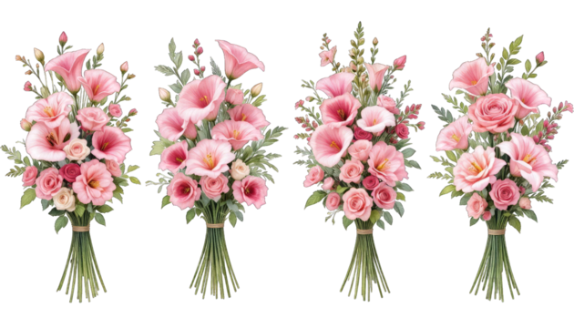 Four Pink Flower Bouquets on Black Background pink flowers isolated on a transparent background