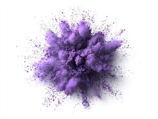 Lilac colored powder explosion against white background.  A vibrant burst of purple dust