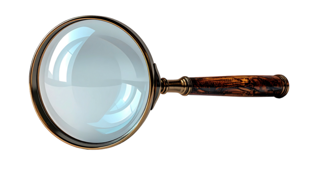 Antique magnifying glass with a large round lens, brass frame, and ornate wooden handle, angled to the right, isolated on black