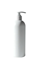 A tall, slender, white plastic bottle with a pump dispenser; clean, simple design;  smooth, curved lines;  matte finish; suitable for lotions, soaps, or shampoos