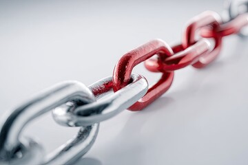Obraz premium Close-up of a metal chain with a section painted red. Chain links in silver and red, angled view on a light gray background. Focus on the transition between metal