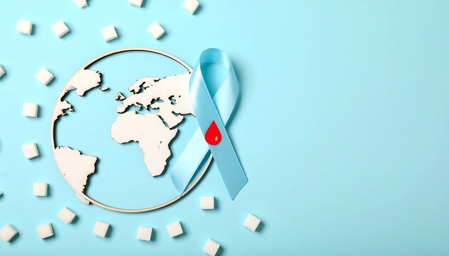 World Diabetes Awareness: Blue Ribbon, Sugar Cubes, and Globe on Blue Background.