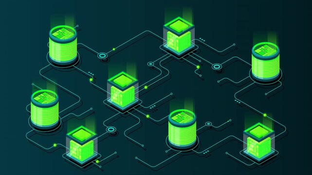 Isometric concept of big data processing animation. Server energy station of future. Network mainframe infrastructure. 4K video animated in isometric style
