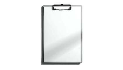 A portrait-style close-up of a blank, white clipboard with a dark gray frame and a black clip at the top, isolated on a black background