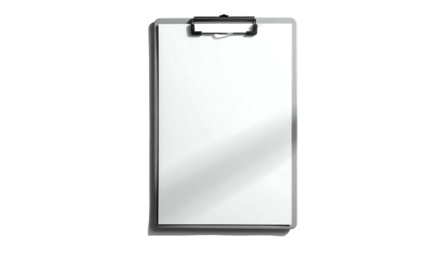 A portrait-style close-up of a blank, white clipboard with a dark gray frame and a black clip at the top, isolated on a black background
