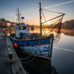 Serene sunrise over vintage fishing boat at quiet harbor