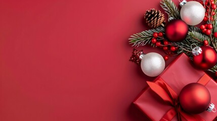 Christmas giftbox with ornaments and pine branches on red background