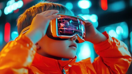 A kid wearing smart-glasses with an augmented reality interface, futuristic playtime