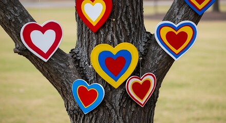 Colorful Hearts Adorn Tree Trunk Outdoors.