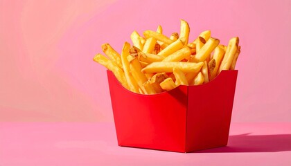Golden French Fries in red Carton on Pink Background