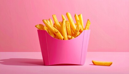 Golden French Fries in Pink Carton on Pink Background