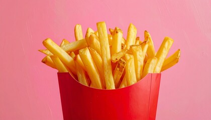 Golden French Fries in red Carton on Pink Background