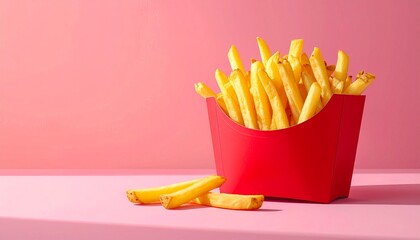 Golden French Fries in red Carton on Pink Background
