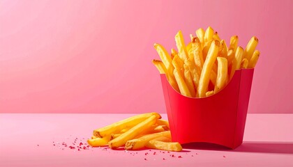 Golden French Fries in Pink Carton on Pink Background