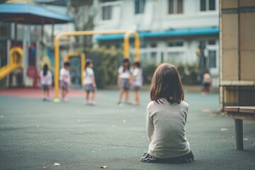 Group of kids laughing at lonely child sitting on ground, school bullying concept, sad emotional scene