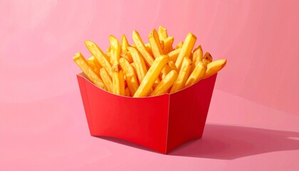 Golden French Fries in red Carton on Pink Background