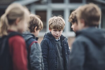 Group of kids laughing at lonely child sitting on ground, school bullying concept, sad emotional scene