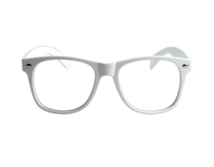 A pair of solid white, retro-style eyeglasses with thick frames and slightly upswept temples, presented against a black background
