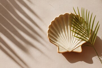 Cream seashell dish with palm leaf, sunlit
