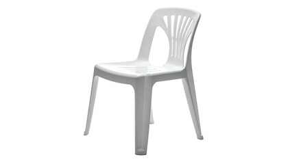 Simple white plastic chair, molded design, four legs, slightly curved seat and back