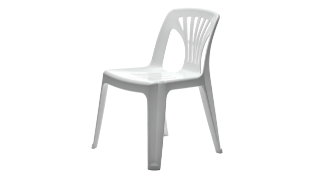 Simple white plastic chair, molded design, four legs, slightly curved seat and back