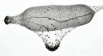 Intricate natural web delicately spun around an elongated organic form, capturing numerous small particles and organic debris, showcasing nature's complex designs