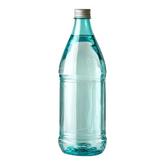 Light teal glass bottle filled with clear liquid, metallic cap