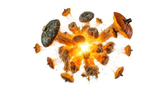 Explosion of vibrant pumpkins creating a dynamic, explosive pattern against a clean white background, symbolizing harvest and abundance