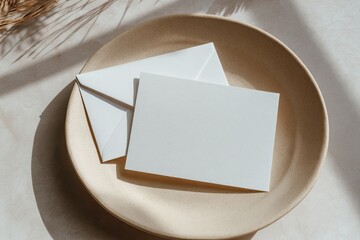 Two blank white envelopes and cards resting on a light beige plate, sunlit
