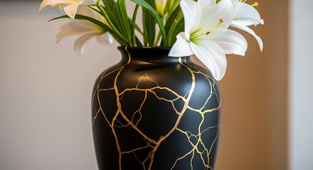 Elegant black vase with golden veins holding fresh white lily flowers