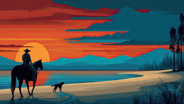 A lone cowboy rides his horse along a serene beach at sunset