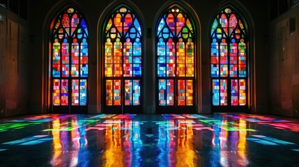 Colorful stained glass window. Abstract stained pane background. Vintage pattern. Glass stain pattern. Art Deco decor